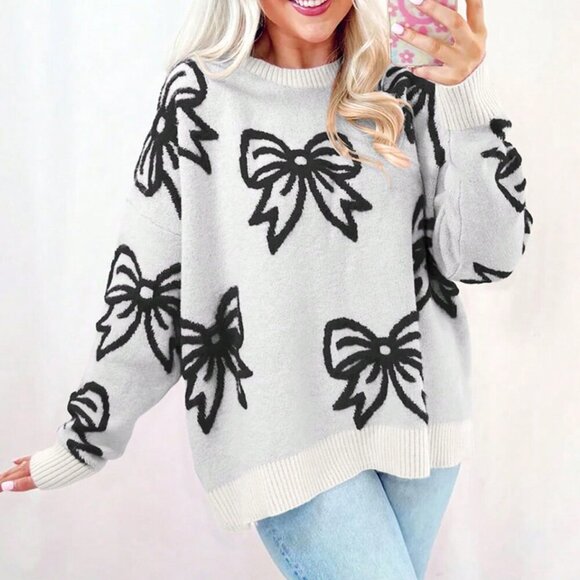Casual Women's Jacquard Bow Print Round Neck Long Sleeved sweater top - Picture 2 of 8